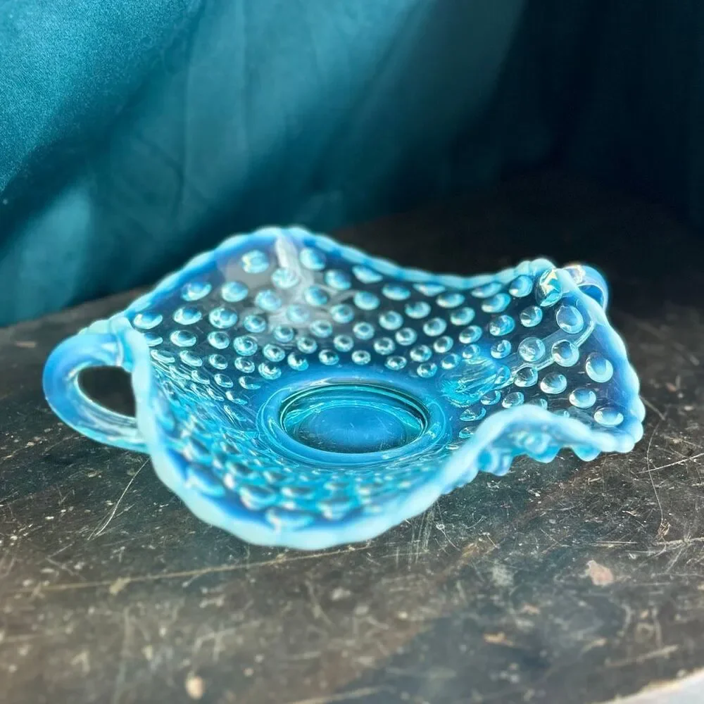 Fenton Blue Opalescent Handled Bon Bon Dish